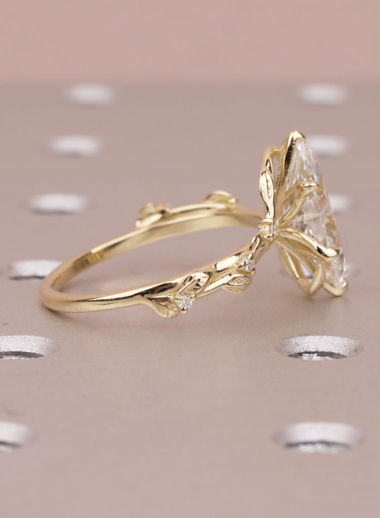 Marquise Moissanite Engagement Ring, 14K Yellow Gold, Art Deco Vine Leaf Ring, Flower Petal Prong Organic Promise Anniversary Ring For Her image #12