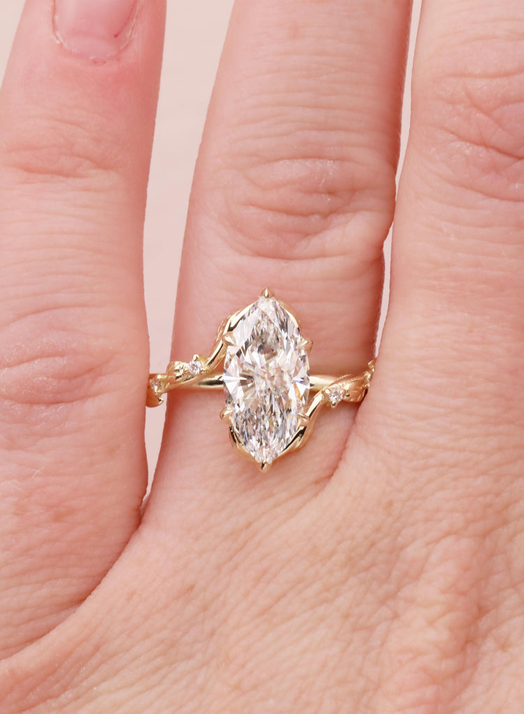 Marquise Moissanite Engagement Ring, 14K Yellow Gold, Art Deco Vine Leaf Ring, Flower Petal Prong Organic Promise Anniversary Ring For Her image #13