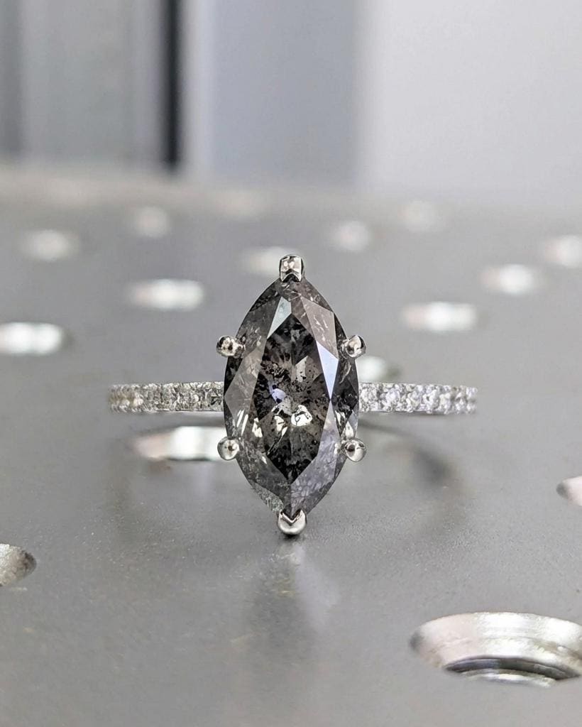 Marquise Cut Salt and Pepper Diamond Engagement Ring, Platinum or Gold Wedding Ring Diamond Eternity Band, Vintage Black Salt & Pepper Ring image #1