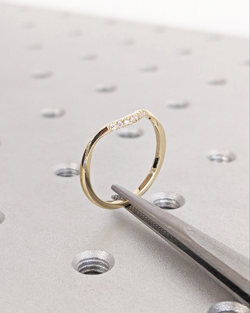 Seven Stone Curved Wedding Band | Natural Diamond, Lab Diamond or Moissanite Wedding Band | Dainty 1.5mm Band, Unique Matching Stacking Ring image #4