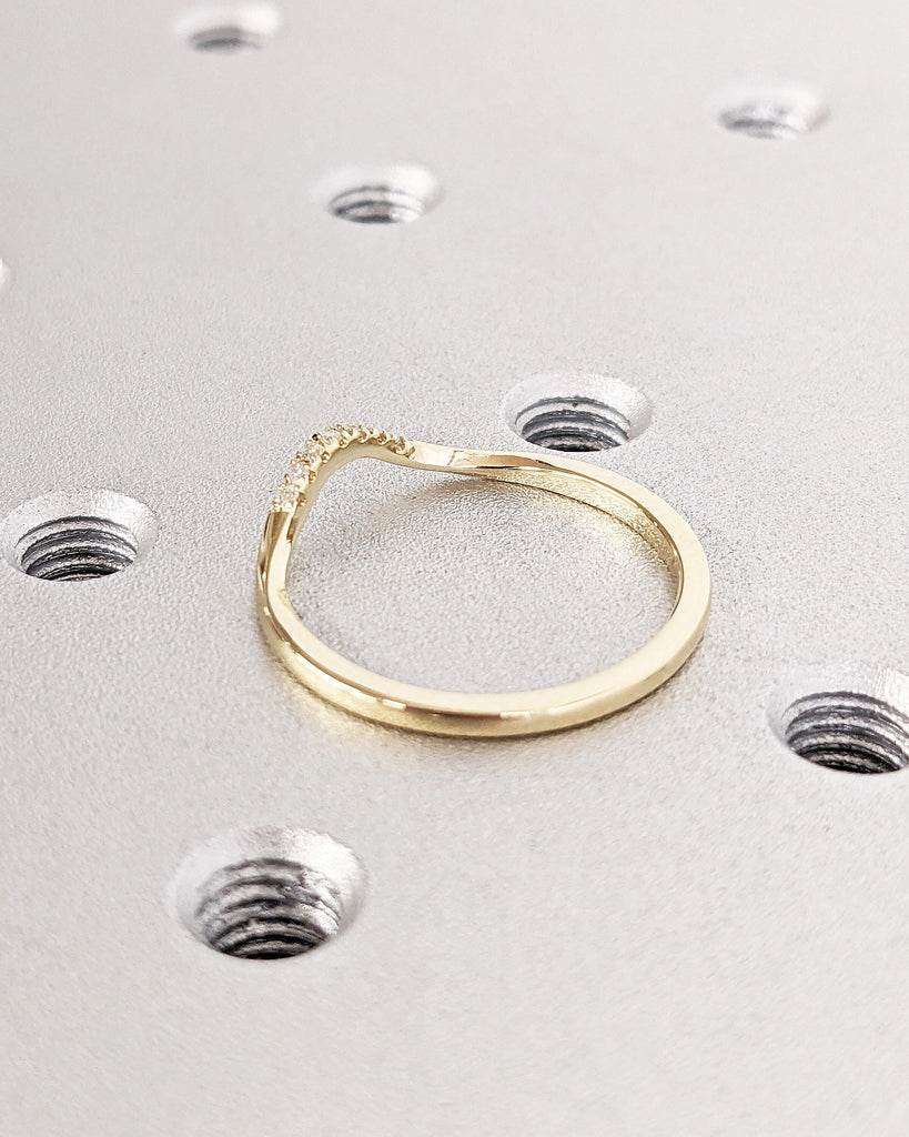 Minimalist Curved Wedding Band: 1.5mm Thin, Matching Promise Ring with Pave Diamonds or Moissanites, Solid Gold Ring, Bridal Jewelry image #5