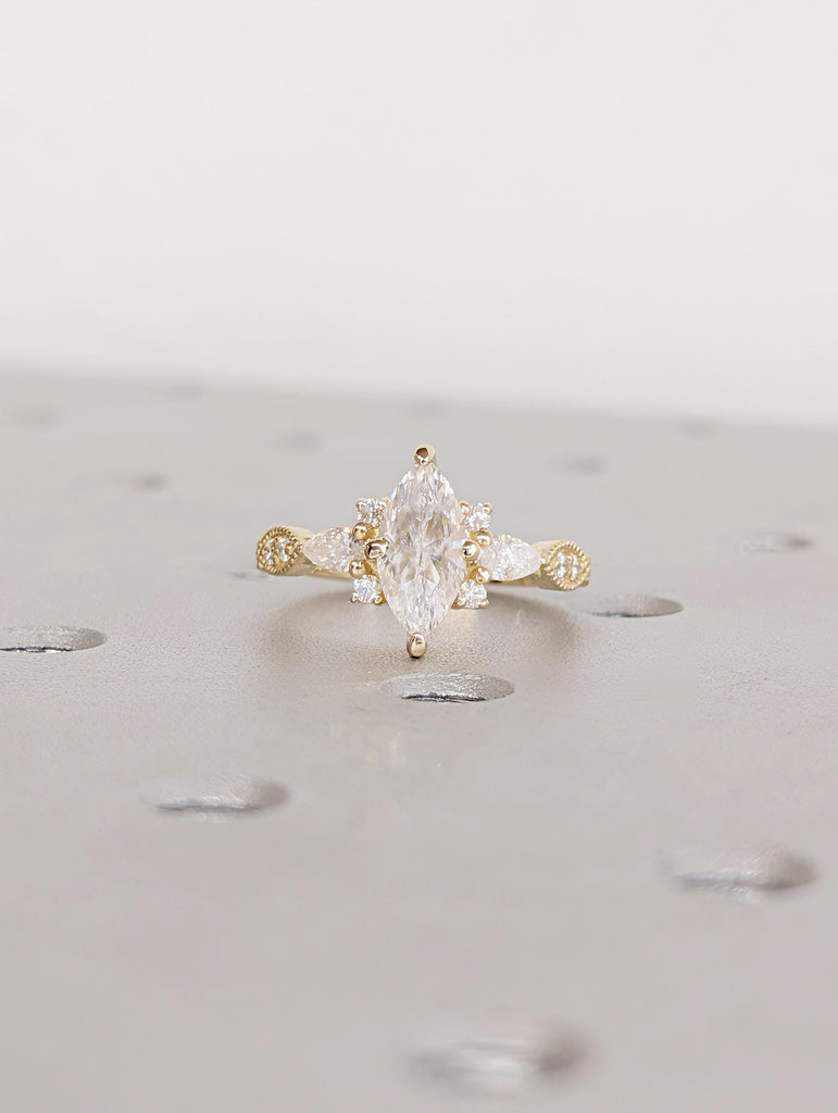 Art Deco 14K Yellow Gold Engagement Ring, Marquise Moissanite Ring image #6