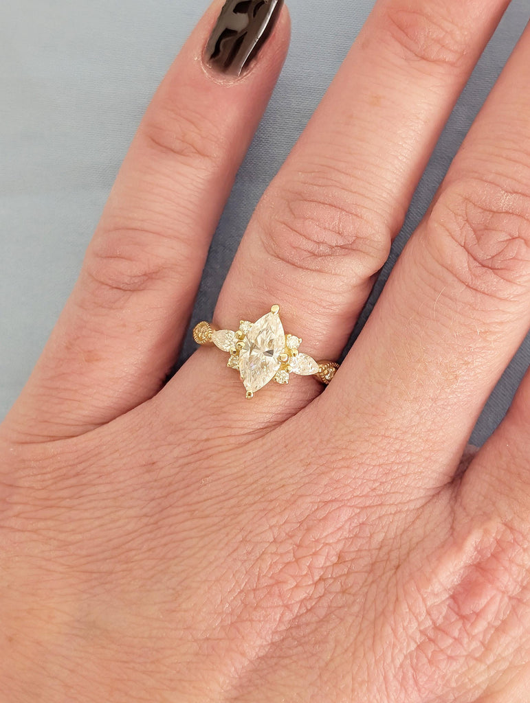 Art Deco 14K Yellow Gold Engagement Ring, Marquise Moissanite Ring image #15