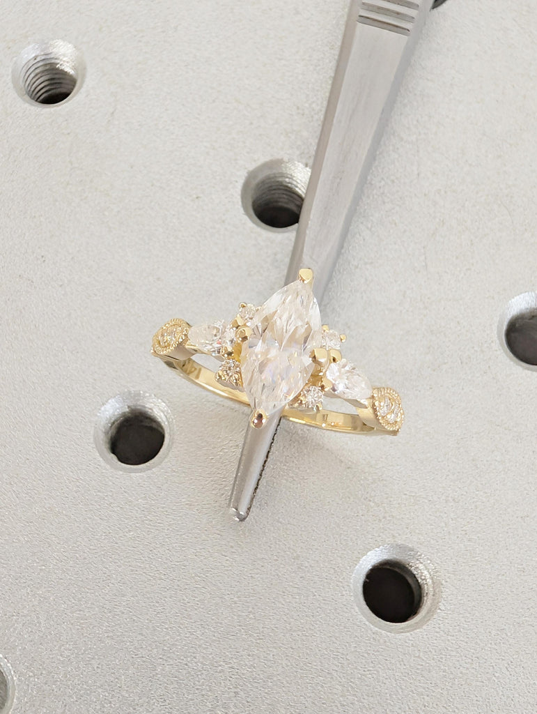 Art Deco 14K Yellow Gold Engagement Ring, Marquise Moissanite Ring image #10
