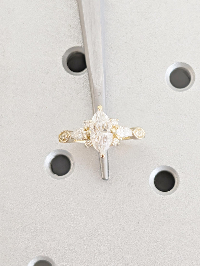 Art Deco 14K Yellow Gold Engagement Ring, Marquise Moissanite Ring image #11