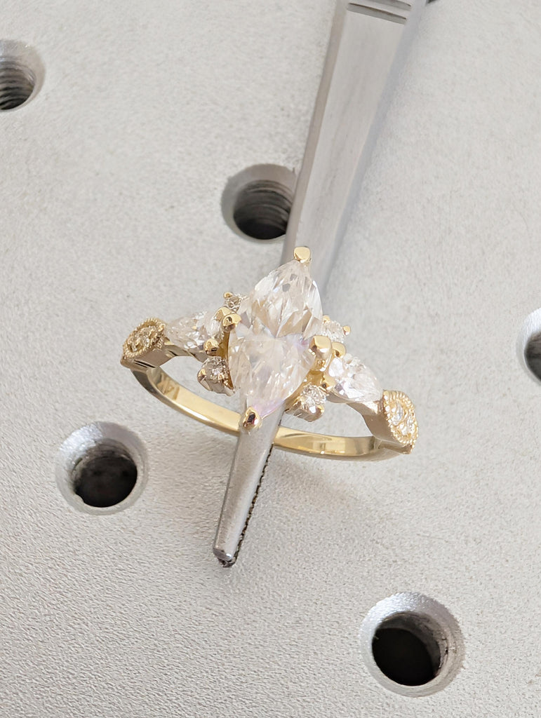 Art Deco 14K Yellow Gold Engagement Ring, Marquise Moissanite Ring image #13