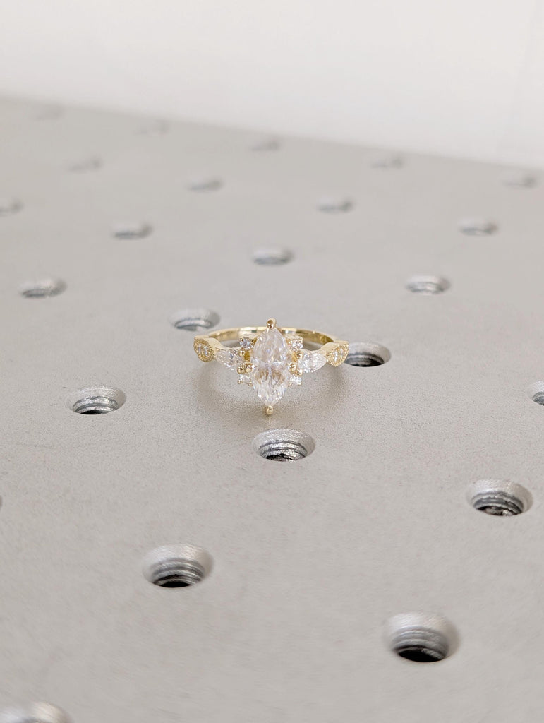 Art Deco 14K Yellow Gold Engagement Ring, Marquise Moissanite Ring image #17