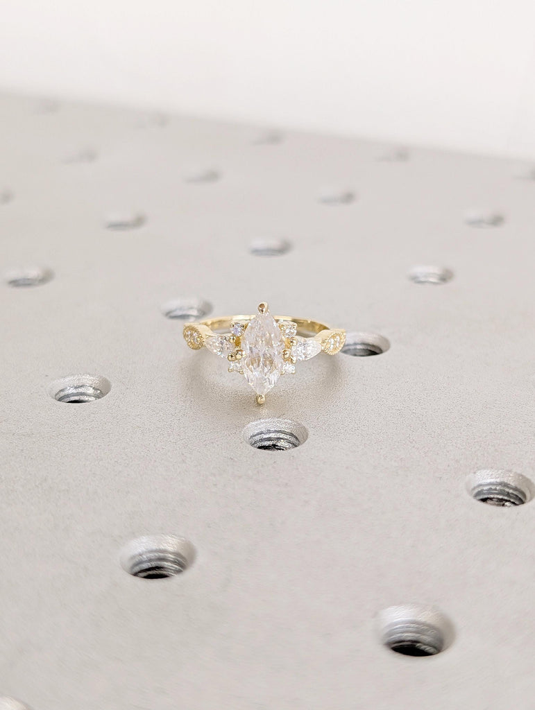 Art Deco 14K Yellow Gold Engagement Ring, Marquise Moissanite Ring image #9