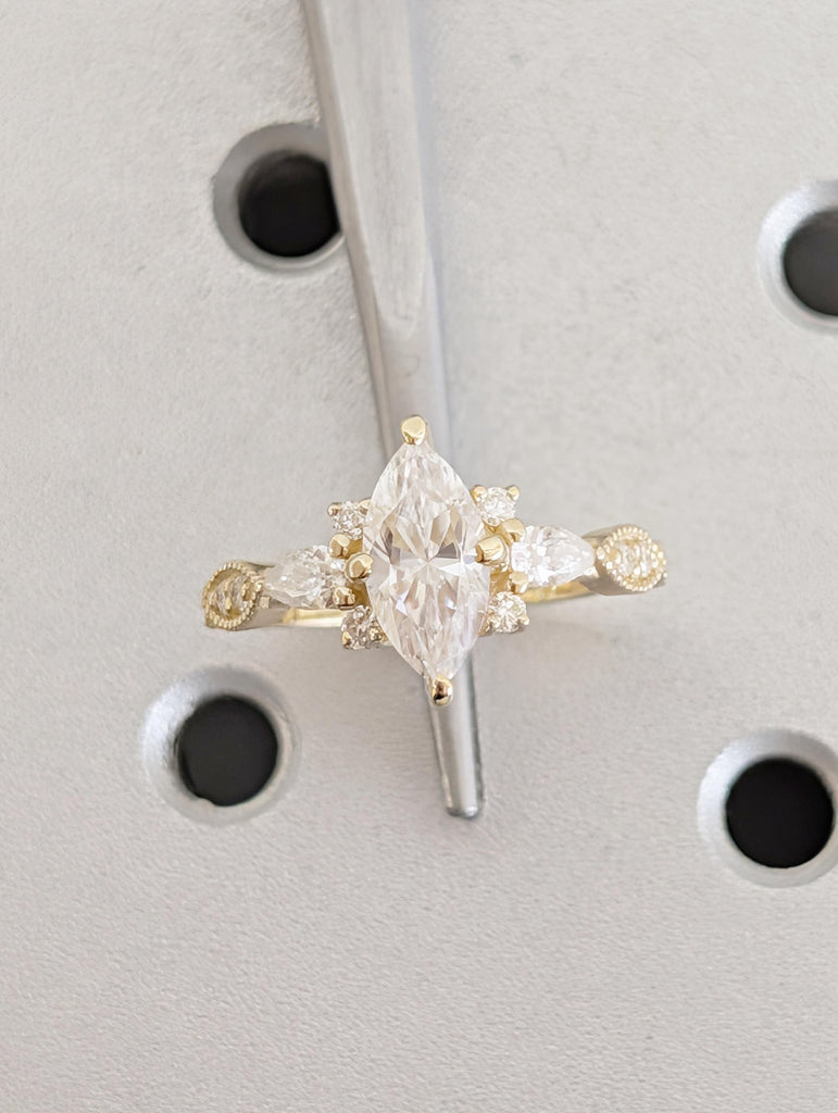 Art Deco 14K Yellow Gold Engagement Ring, Marquise Moissanite Ring image #2