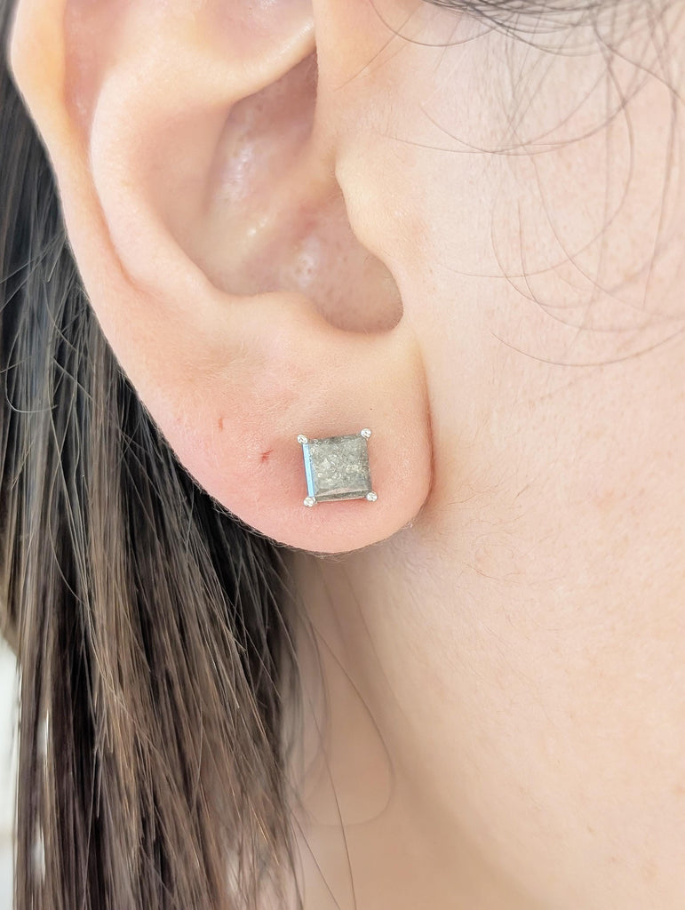 14k Solid White Gold Earrings, Princess Cut Salt and Pepper Diamond Stud Earrings image #10