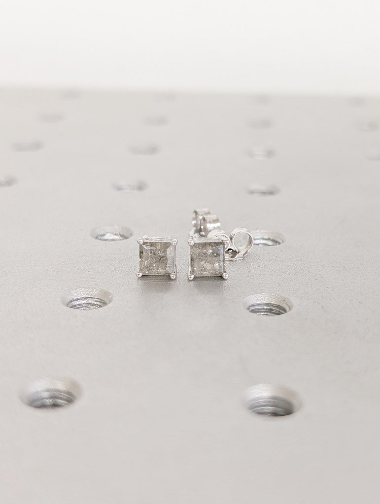 14k Solid White Gold Earrings, Princess Cut Salt and Pepper Diamond Stud Earrings image #5