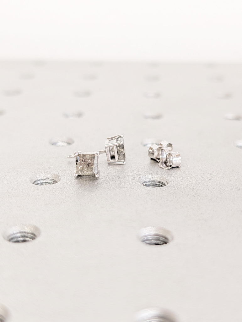 14k Solid White Gold Earrings, Princess Cut Salt and Pepper Diamond Stud Earrings image #12