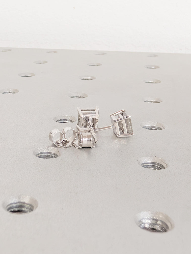 14k Solid White Gold Earrings, Princess Cut Salt and Pepper Diamond Stud Earrings image #4