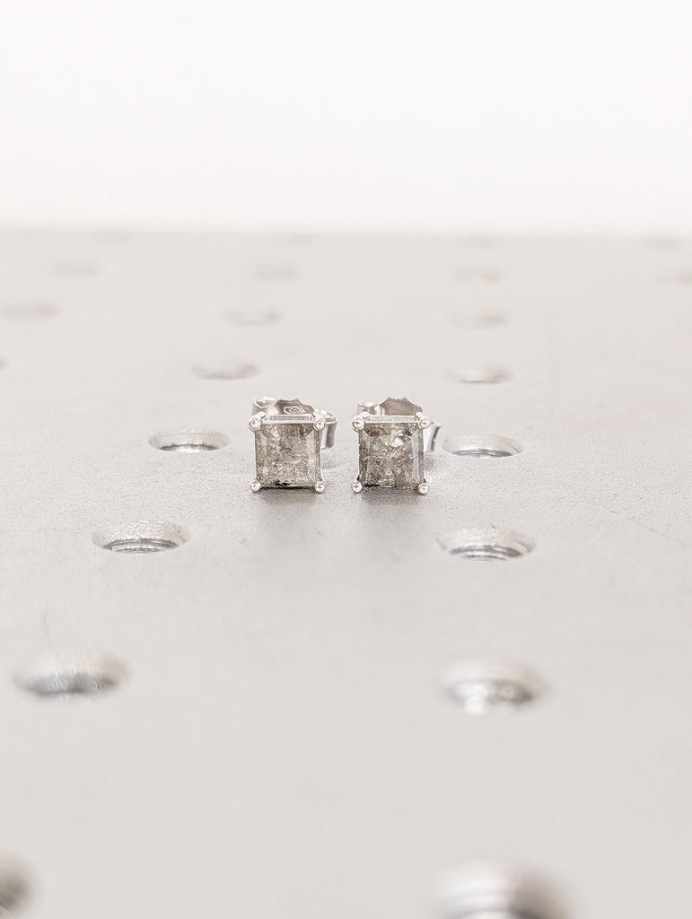 14k Solid White Gold Earrings, Princess Cut Salt and Pepper Diamond Stud Earrings image #16