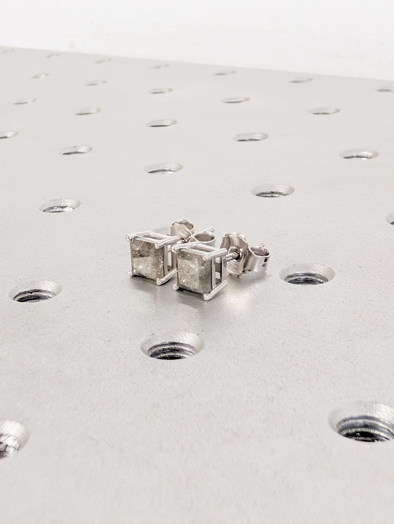 14k Solid White Gold Earrings, Princess Cut Salt and Pepper Diamond Stud Earrings image #8