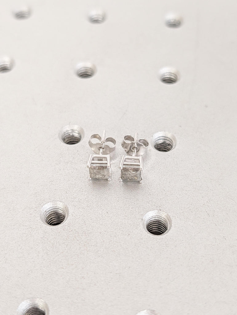 14k Solid White Gold Earrings, Princess Cut Salt and Pepper Diamond Stud Earrings image #7