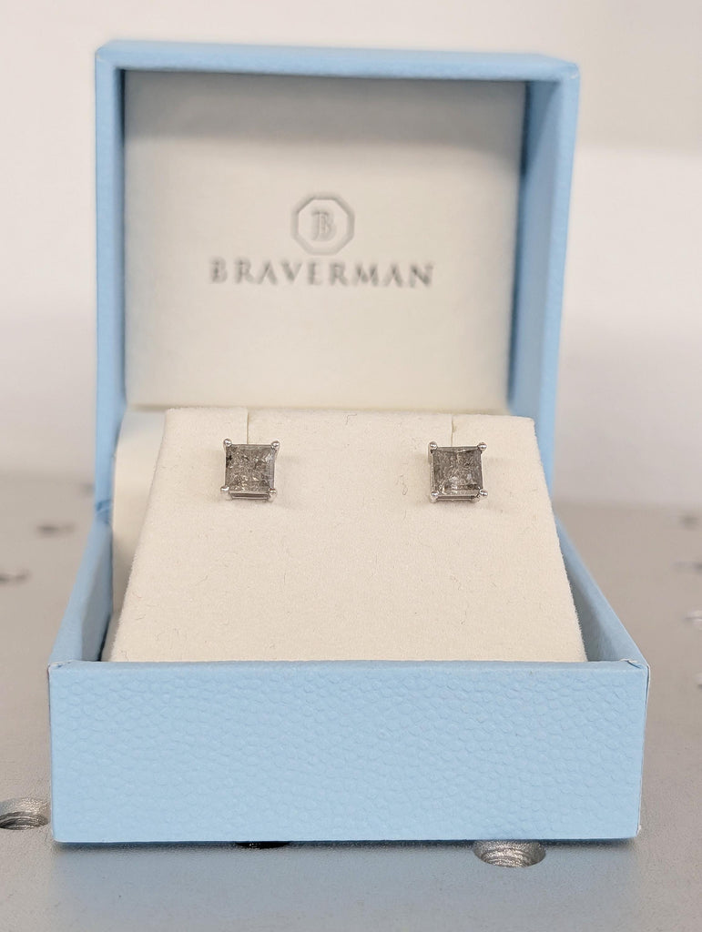 14k Solid White Gold Earrings, Princess Cut Salt and Pepper Diamond Stud Earrings image #3
