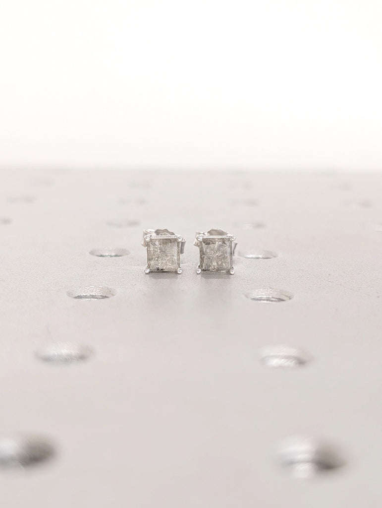 14k Solid White Gold Earrings, Princess Cut Salt and Pepper Diamond Stud Earrings image #2