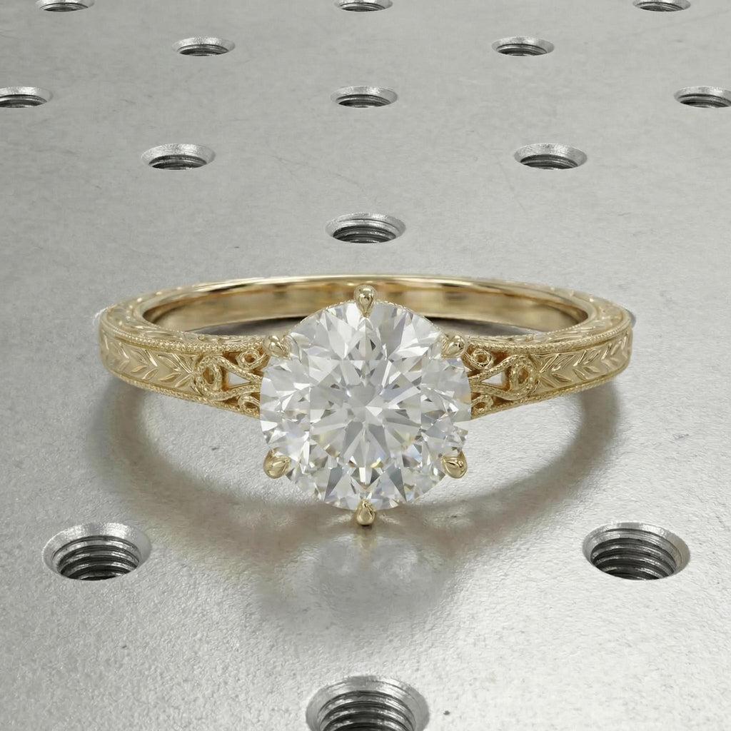 Vintage Heirloom Ring, Lab Grown Diamond Engagement Ring, Round Cut Victorian Filigree Band, 14k Yellow Gold Wedding Rings for Women