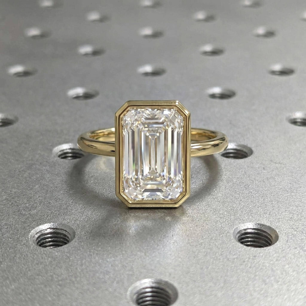 4CT Emerald Cut Moissanite Solitaire Ring | 14K Yellow Gold Engagement Ring | Bezel Setting Statement Ring | Gift For Her