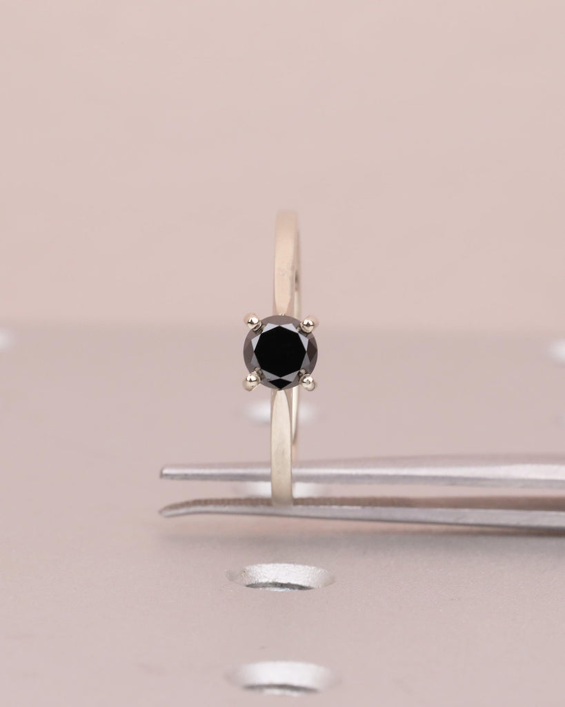 Solitaire Diamond Ring, Round Black Diamond Engagement Ring, Dainty 18k/14k White Gold Promise Ring for Her, Minimalist Rings for Women image #6