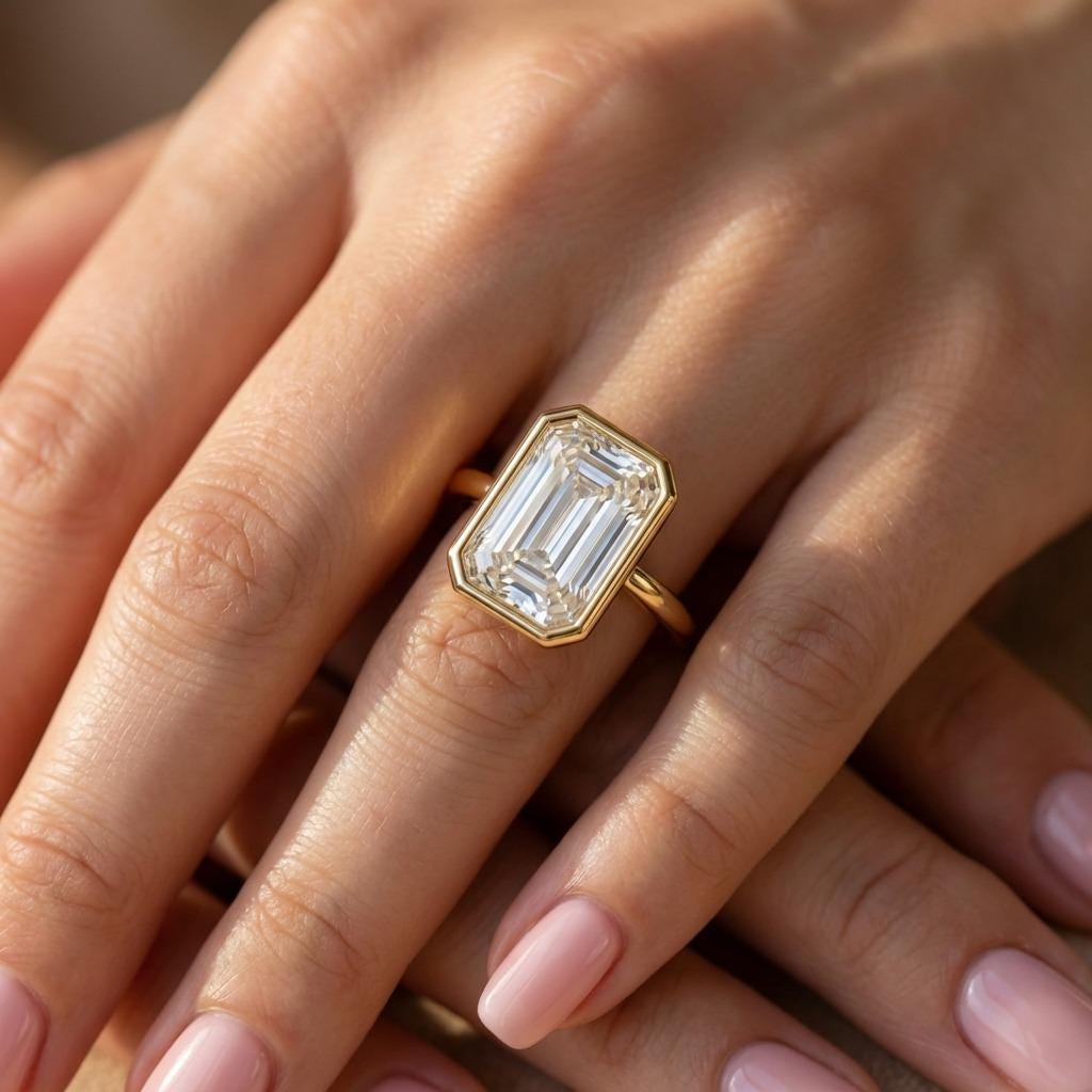 14K Yellow Gold Certified 4ct Lab Diamond Engagement Ring | Bezel set Statement Wedding Ring | Anniversary Gift For Her image #2