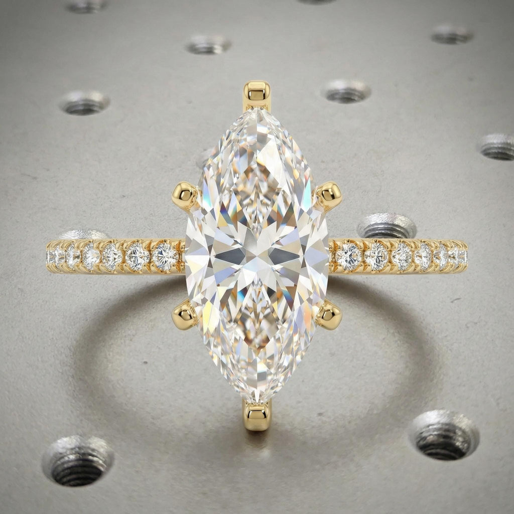 3 Carat Marquise Lab Grown Diamond Ring, Dainty 14k Yellow Gold Half Eternity Ring image #2