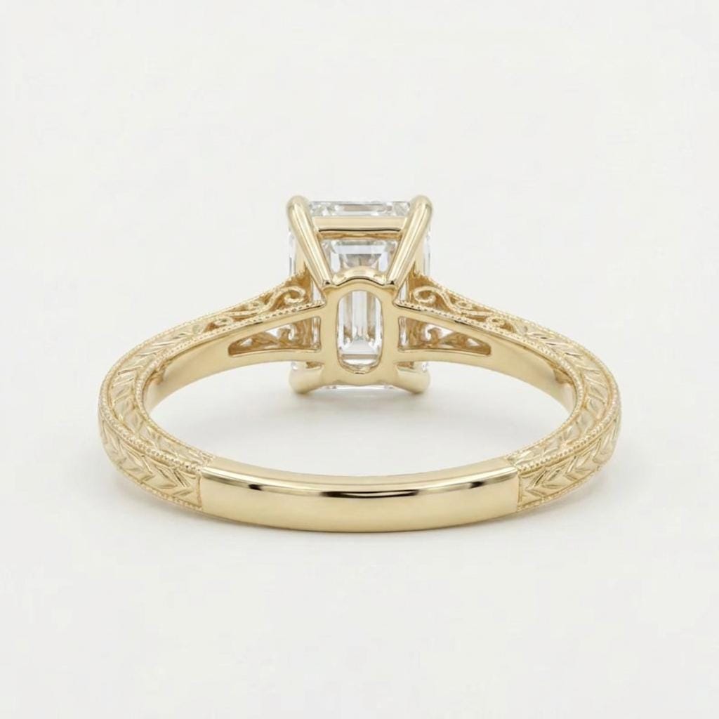 Vintage Heirloom Ring, Lab Grown Diamond Engagement Ring, Emerald Cut Victorian Filigree Band, 14k Yellow Gold Wedding Rings for Women image #2
