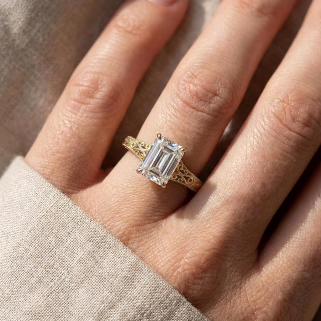 Vintage Heirloom Ring, Lab Grown Diamond Engagement Ring, Emerald Cut Victorian Filigree Band, 14k Yellow Gold Wedding Rings for Women image #3