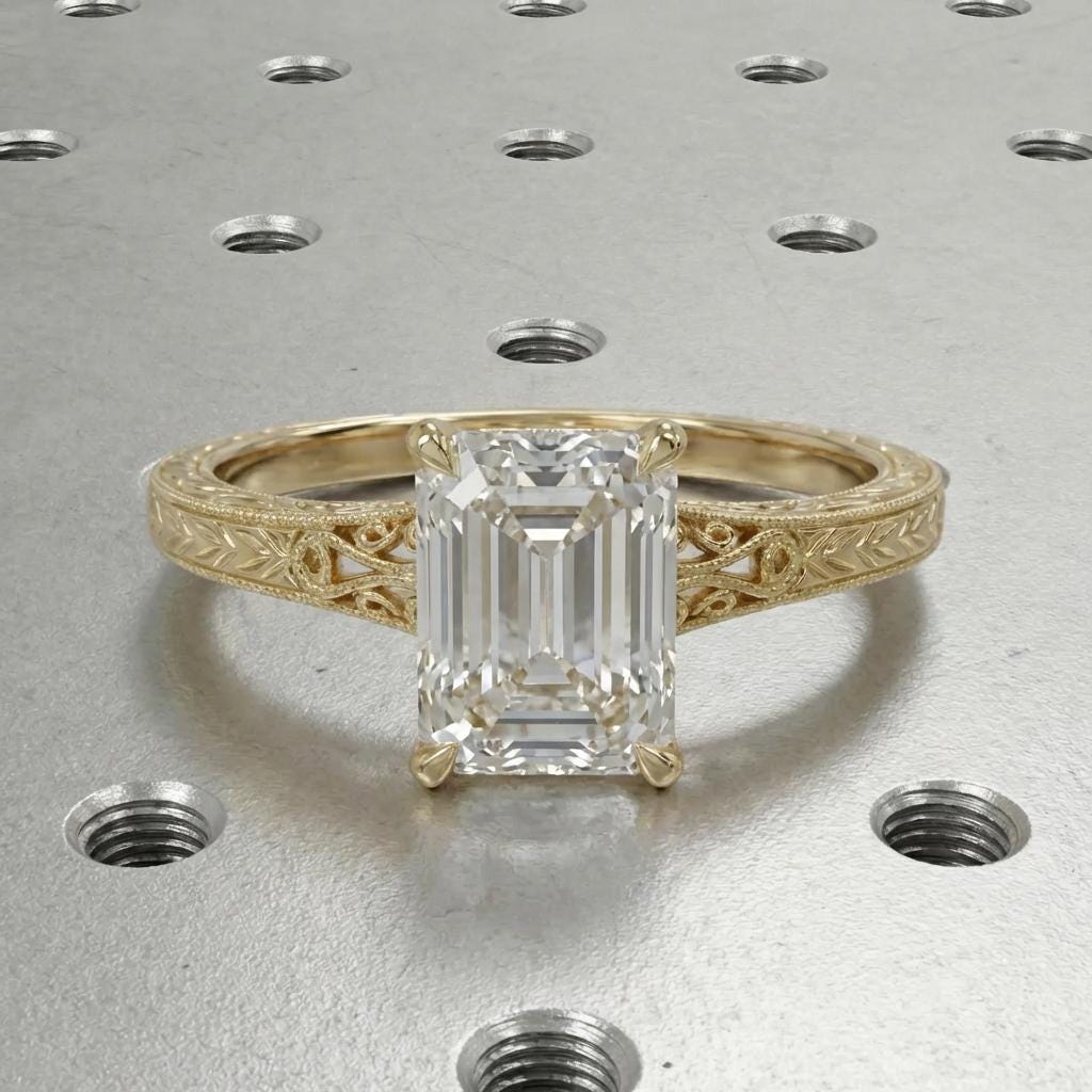 Vintage Heirloom Ring, Lab Grown Diamond Engagement Ring, Emerald Cut Victorian Filigree Band, 14k Yellow Gold Wedding Rings for Women