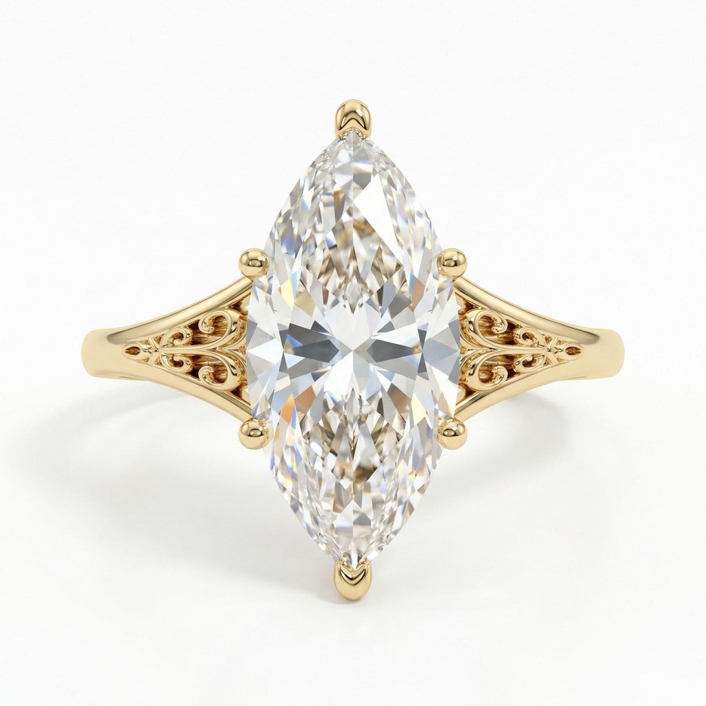14K Gold Heirloom Moissanite Engagement Ring, Victorian Filigree Band, Marquise Ring image #3