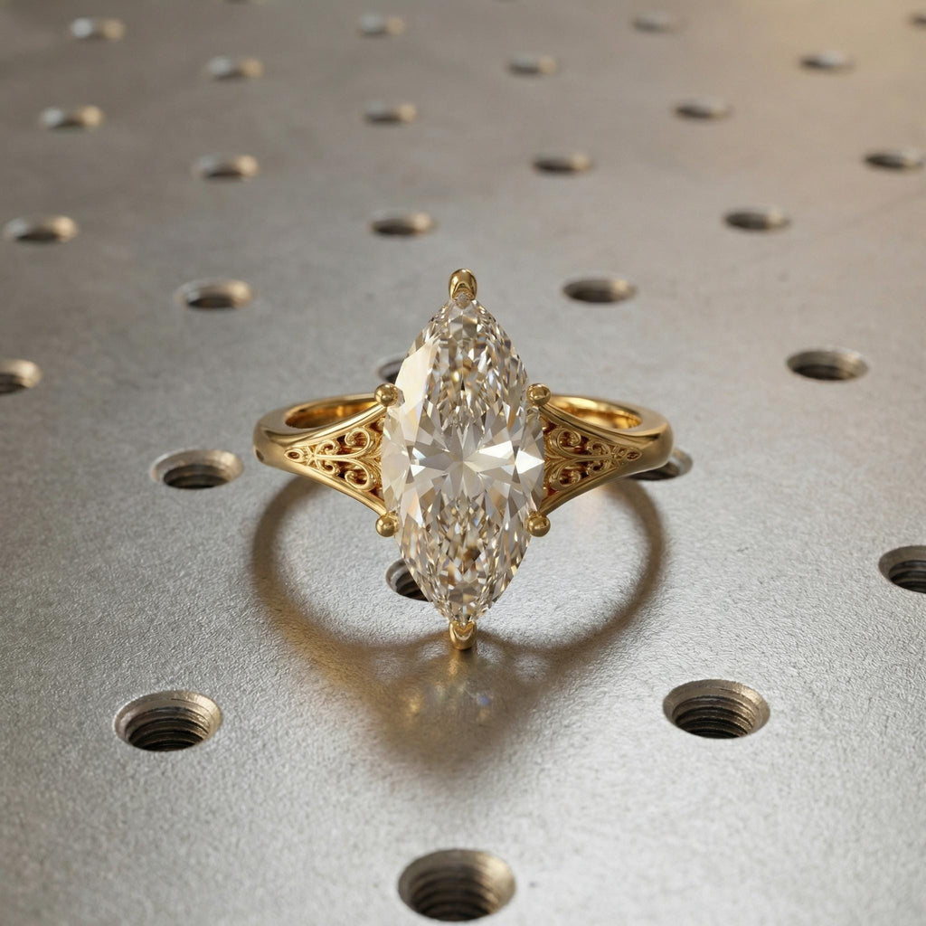 Vintage Filigree Lab Grown Diamond Engagement Ring, 14k Yellow Gold Art Deco Wedding Ring for Women, Solitaire Diamond Ring, Marquise Ring image #3