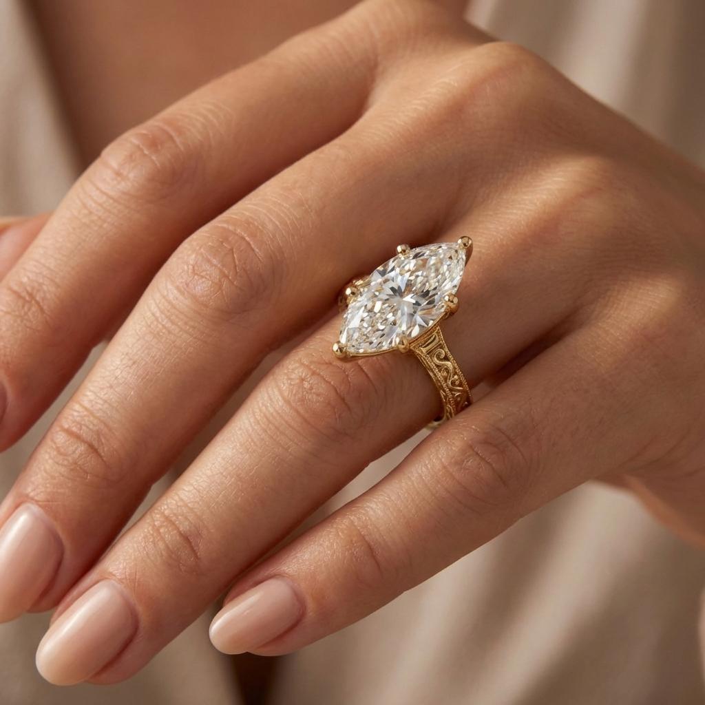 Marquise Cut Moissanite Engagement Rings: 14K Yellow Gold Filigree Hand Carved Art Deco Vintage Solid Gold Classic Wedding Promise Solitaire image #2