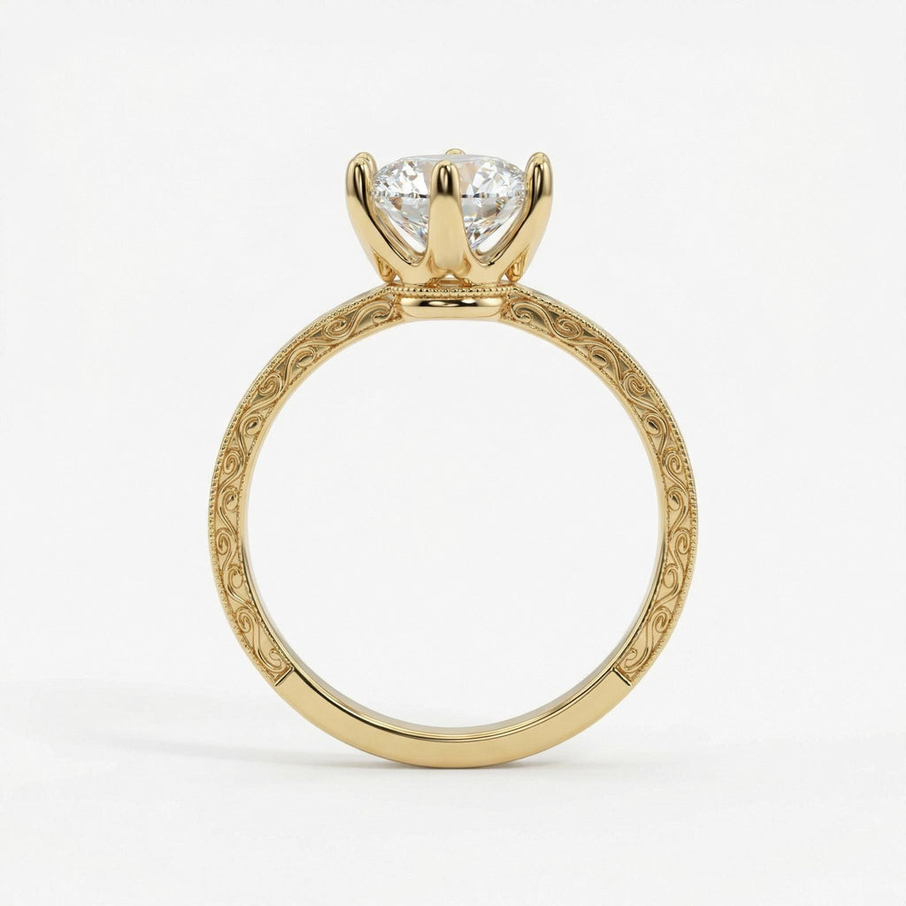 Solitaire Lab Diamond Ring for Her, Marquise Cut Filigree Antique 14K Solid Yellow Gold Engagement Ring, Handmade Wedding Anniversary Ring image #6