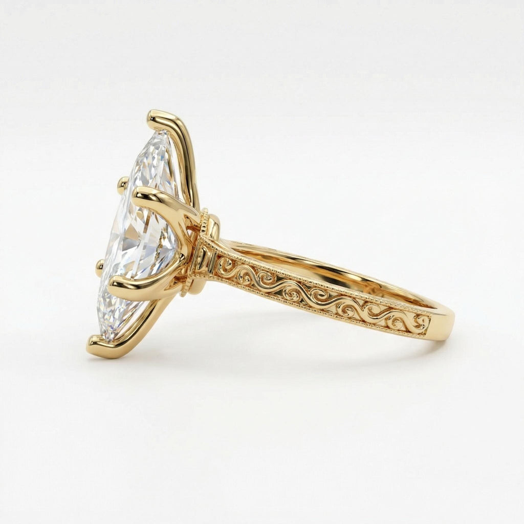 Solitaire Lab Diamond Ring for Her, Marquise Cut Filigree Antique 14K Solid Yellow Gold Engagement Ring, Handmade Wedding Anniversary Ring image #5