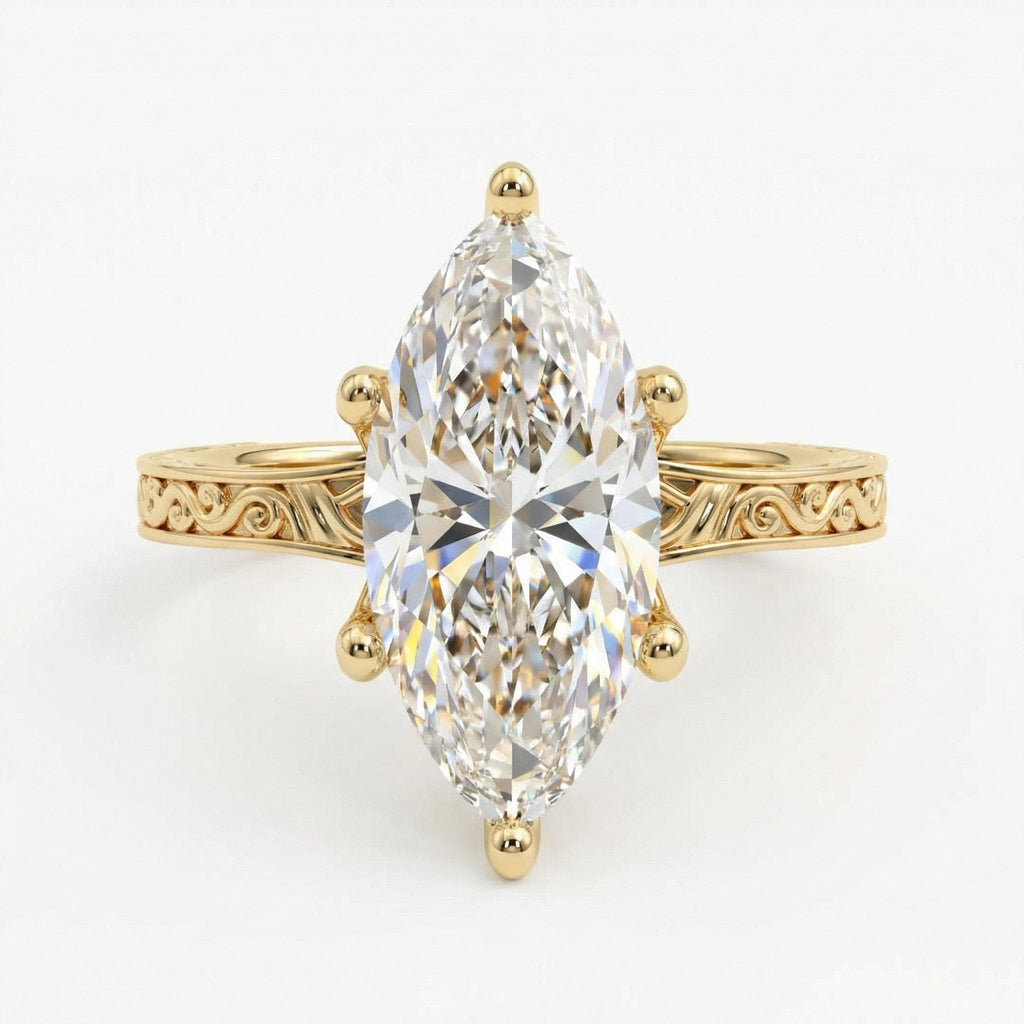 Marquise Cut Moissanite Engagement Rings: 14K Yellow Gold Filigree Hand Carved Art Deco Vintage Solid Gold Classic Wedding Promise Solitaire