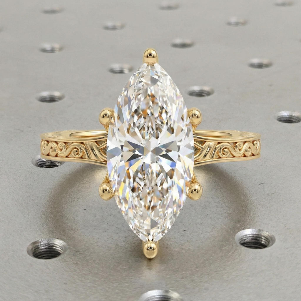 Solitaire Lab Diamond Ring for Her, Marquise Cut Filigree Antique 14K Solid Yellow Gold Engagement Ring, Handmade Wedding Anniversary Ring