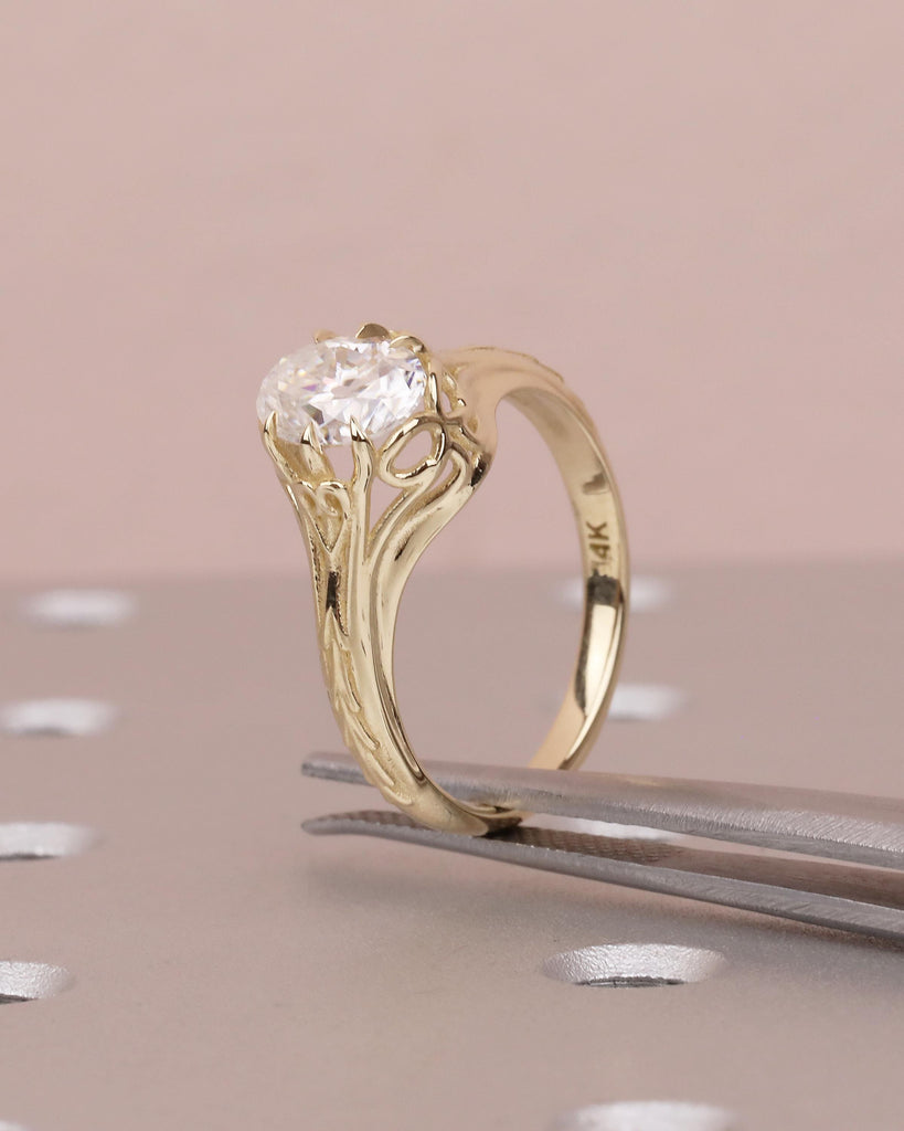 1ct Oval Moissanite Ring, Antique Filigree Engagement Ring, 14k Yellow Gold Solitaire Ring, Scrollwork Ring, Vintage Wedding Ring Women image #18