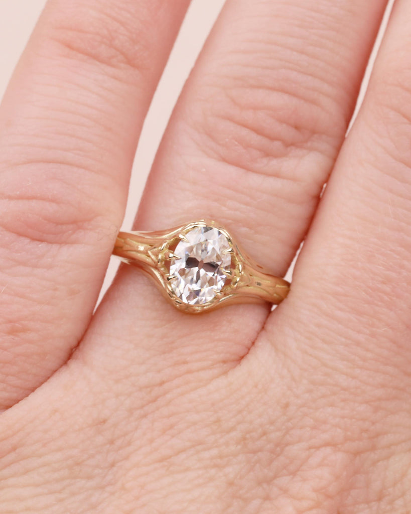 1ct Oval Moissanite Ring, Antique Filigree Engagement Ring, 14k Yellow Gold Solitaire Ring, Scrollwork Ring, Vintage Wedding Ring Women image #3