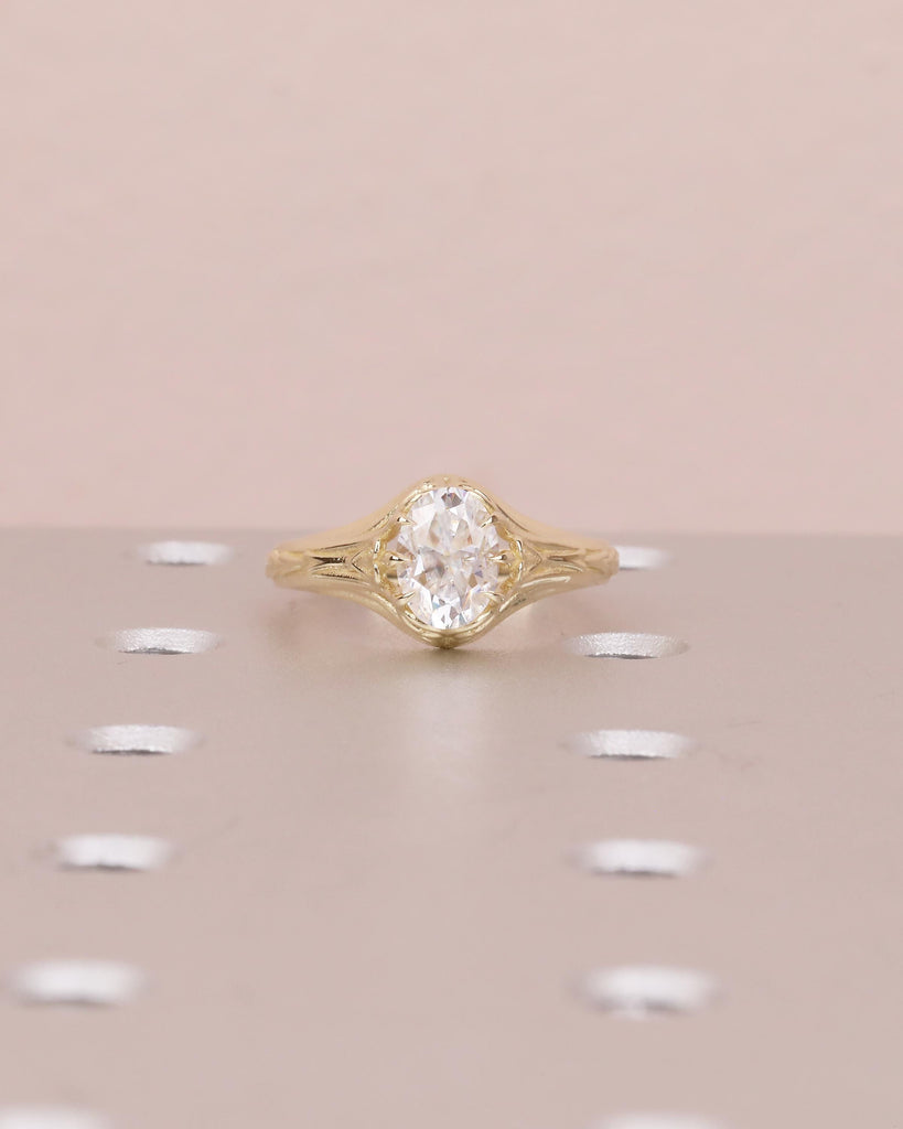 1ct Oval Moissanite Ring, Antique Filigree Engagement Ring, 14k Yellow Gold Solitaire Ring, Scrollwork Ring, Vintage Wedding Ring Women image #16