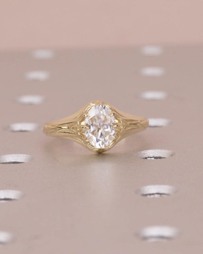 1ct Oval Moissanite Ring, Antique Filigree Engagement Ring, 14k Yellow Gold Solitaire Ring, Scrollwork Ring, Vintage Wedding Ring Women image #13