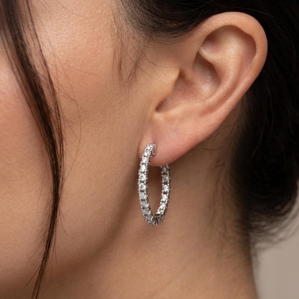 Dainty Inside Out Earrings | Moissanite Huggie Hoop Earrings | Lab Grown Diamond Hoop Earrings | 14k 18k White Gold Diamond Earrings for Her image #2