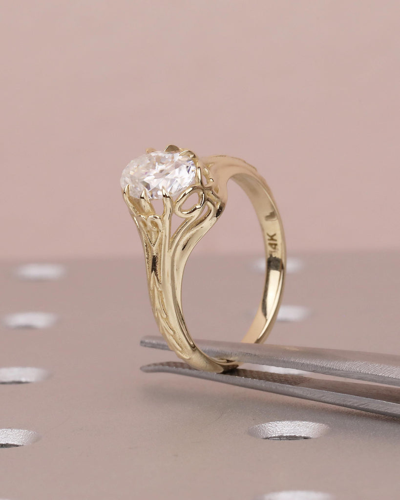 1ct Oval Moissanite Ring, Antique Filigree Engagement Ring, 14k Yellow Gold Solitaire Ring, Scrollwork Ring, Vintage Wedding Ring Women image #2