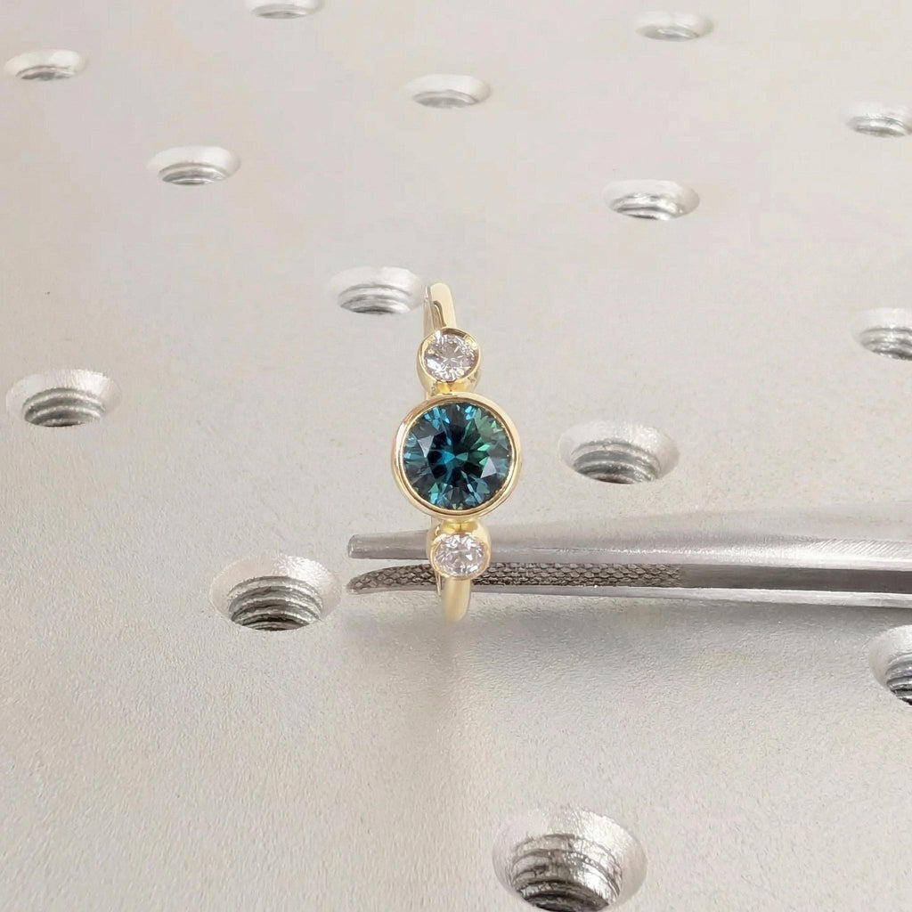 Round Cut Teal Sapphire Ring, Ocean Blue Green Sapphire Promise Ring, 14K Gold Sapphire Engagement Ring, Bezel Set Sapphire and Diamond Ring
