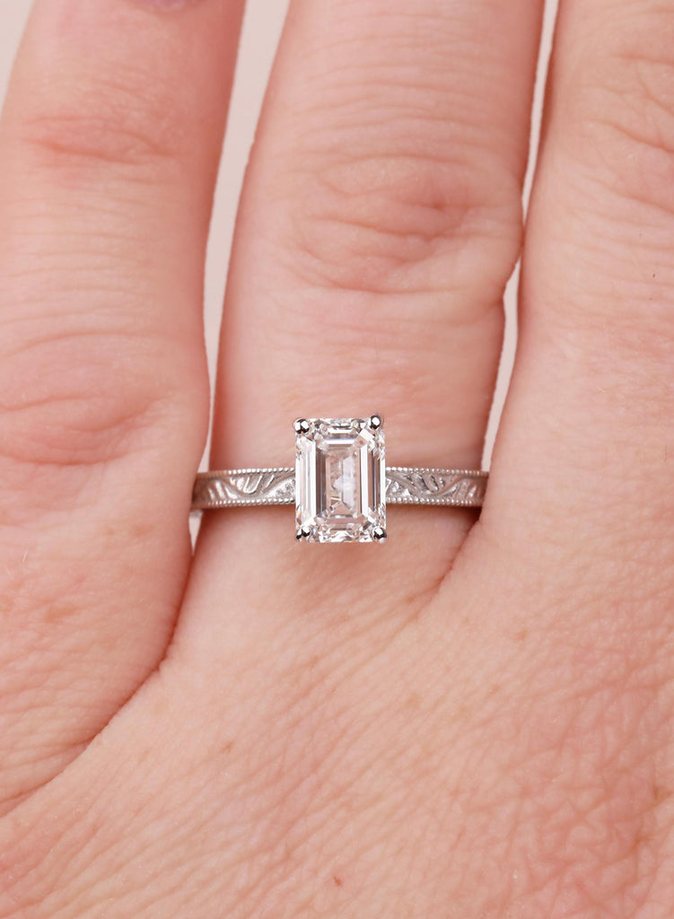 14K Solid Gold Emerald Cut Moissanite Engagement Ring, Vintage Art Deco Engraved Solitaire Ring, Anniversary Ring for Her, Handmade Jewelry image #10