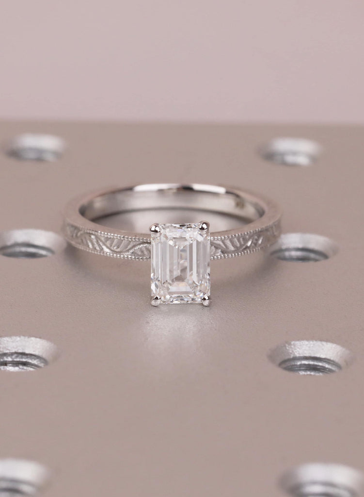 14K Solid Gold Emerald Cut Moissanite Engagement Ring, Vintage Art Deco Engraved Solitaire Ring, Anniversary Ring for Her, Handmade Jewelry image #4