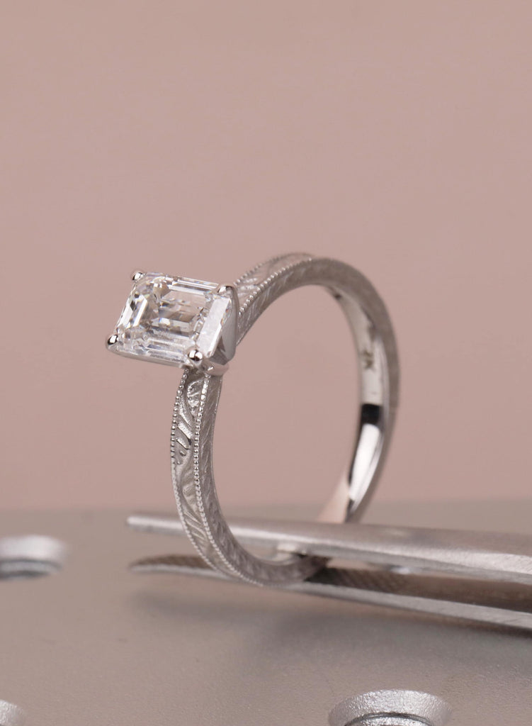 14K Solid Gold Emerald Cut Moissanite Engagement Ring, Vintage Art Deco Engraved Solitaire Ring, Anniversary Ring for Her, Handmade Jewelry image #2