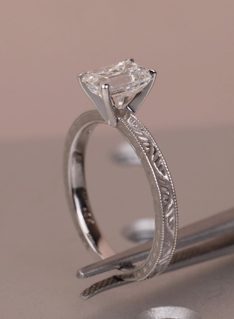 14K Solid Gold Emerald Cut Moissanite Engagement Ring, Vintage Art Deco Engraved Solitaire Ring, Anniversary Ring for Her, Handmade Jewelry image #5