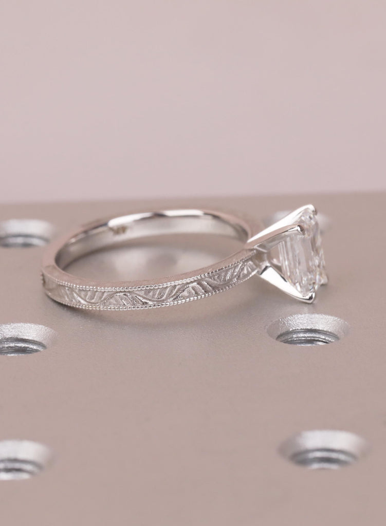14K Solid Gold Emerald Cut Moissanite Engagement Ring, Vintage Art Deco Engraved Solitaire Ring, Anniversary Ring for Her, Handmade Jewelry image #12