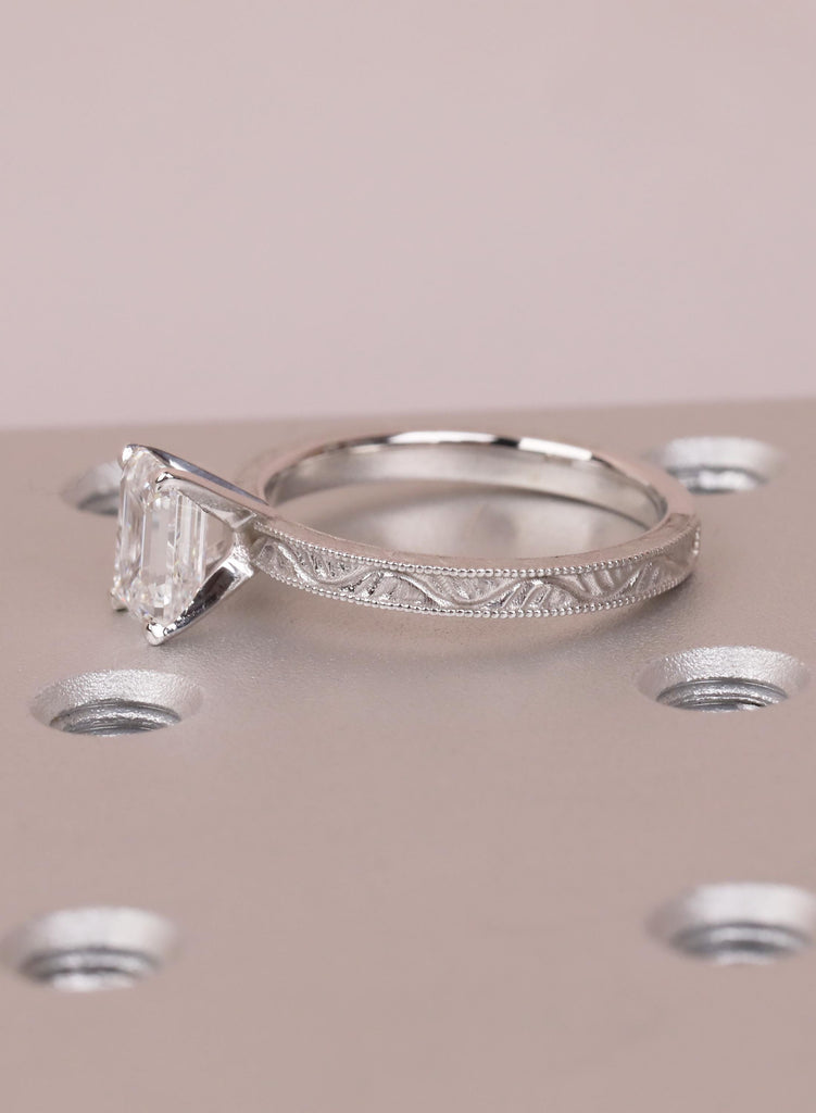 14K Solid Gold Emerald Cut Moissanite Engagement Ring, Vintage Art Deco Engraved Solitaire Ring, Anniversary Ring for Her, Handmade Jewelry image #9